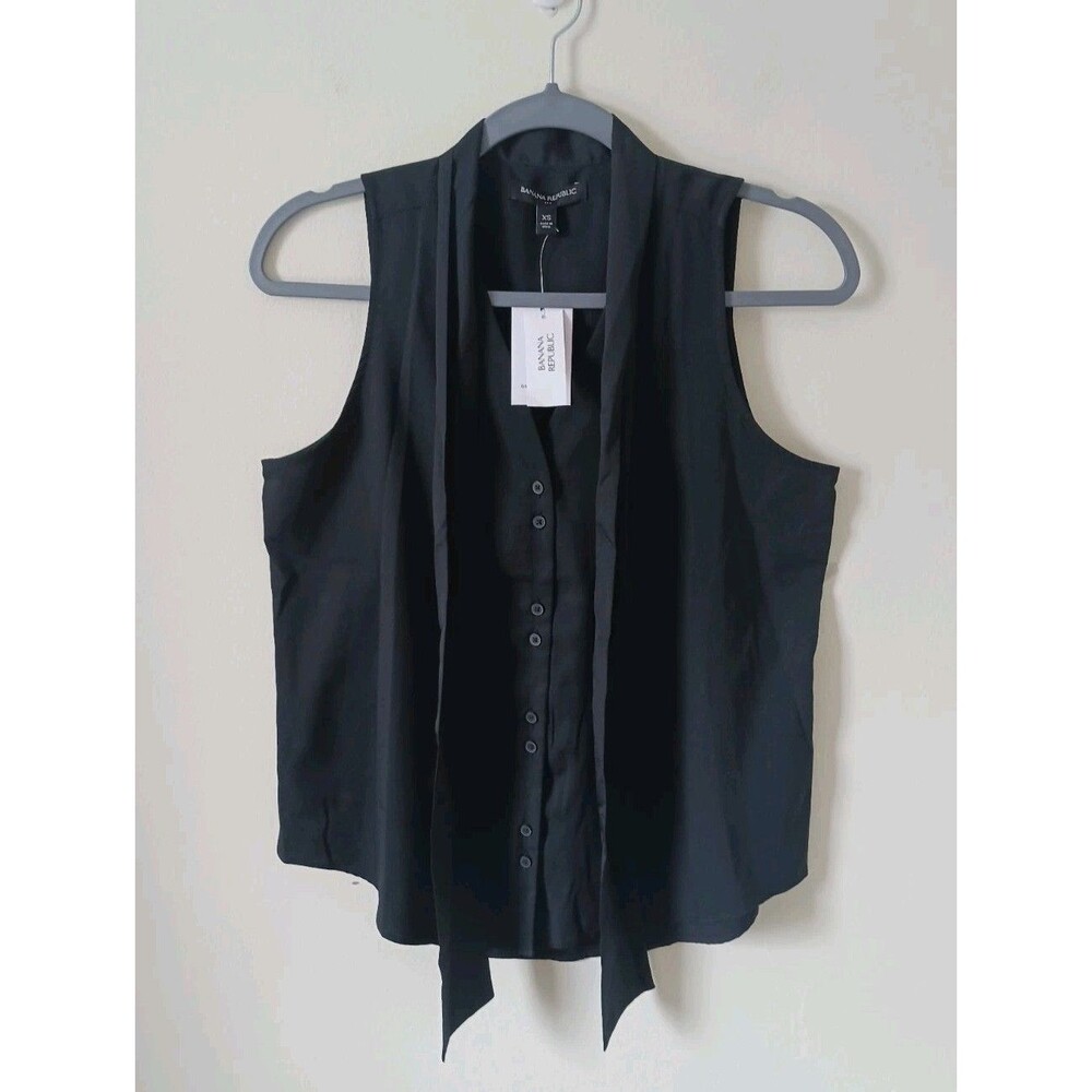 Banana Republic Tie Neck Blouse Black Bow Lightweight Sleeveless Top XS